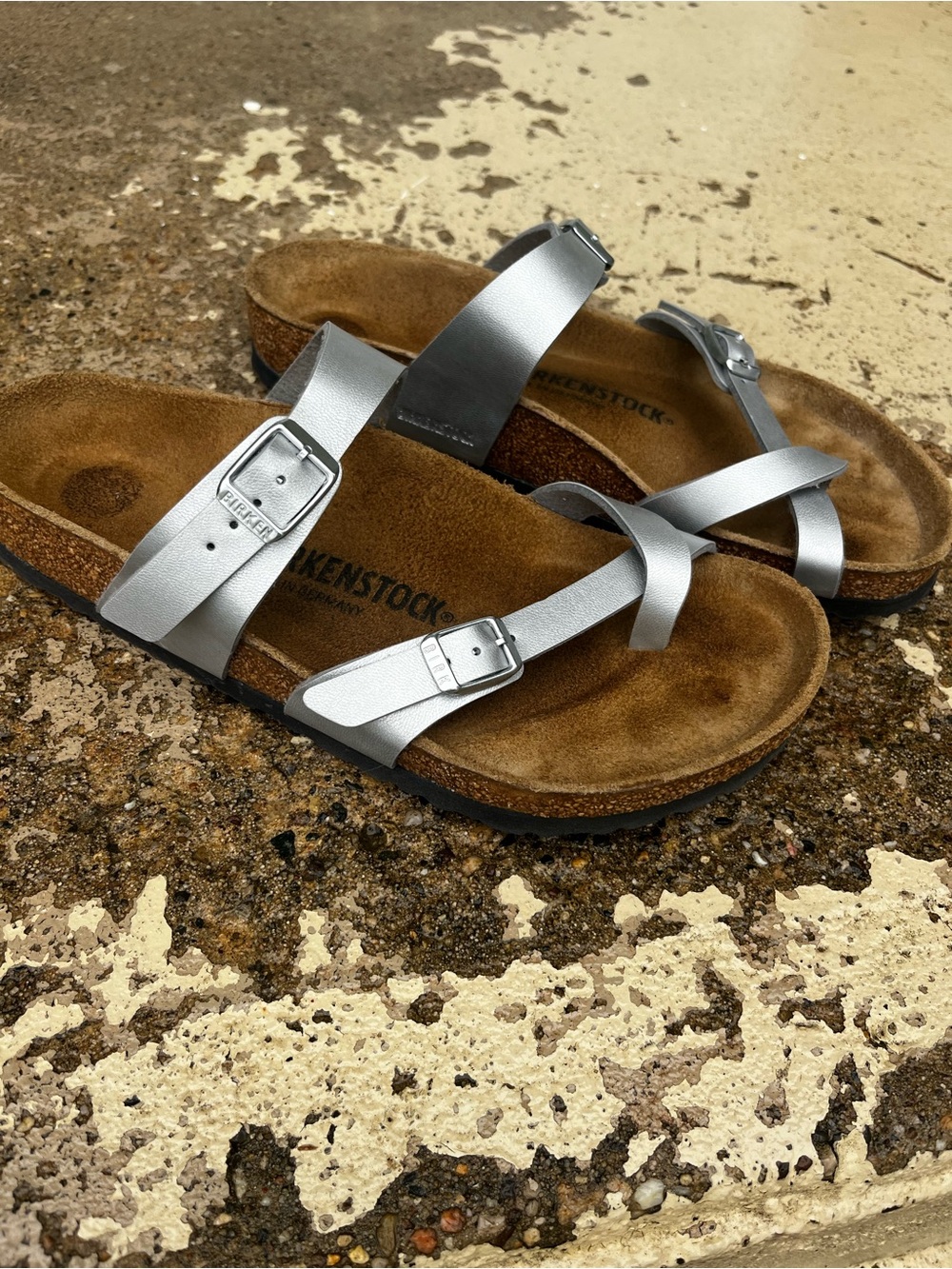 Wore once Birkenstock Silver Metallic Double-Buckle Slide Sandals